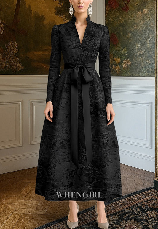 Black V Neck Long Sleeves Bowknot Ankle Length A-Line Mother of the Bride Dress