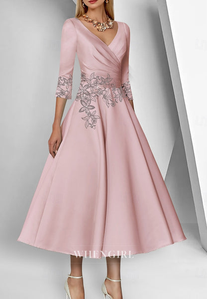 A-Line Tea Length Half Sleeves Appliques V Neck Mother of the Bride Dress