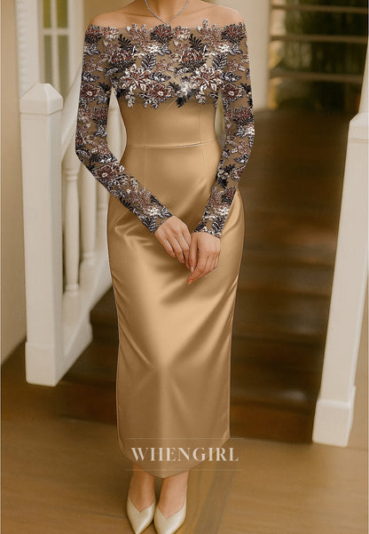 Sheath Off Shoulder Long Sleeves Back Zipper Embroidery Mother of the Bride Dress