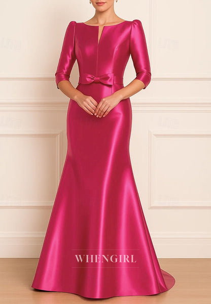 Mermaid Floor Length Evening Gown Elegant Boat Neck Satin Mother of the Bride Dress with Bow