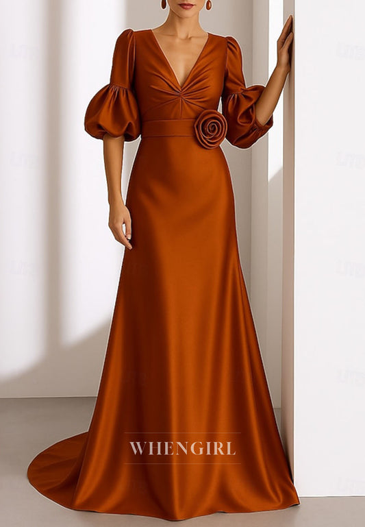 Trumpet V Neck Puff Sleeves Flower Satin Mother of the Bride Dress