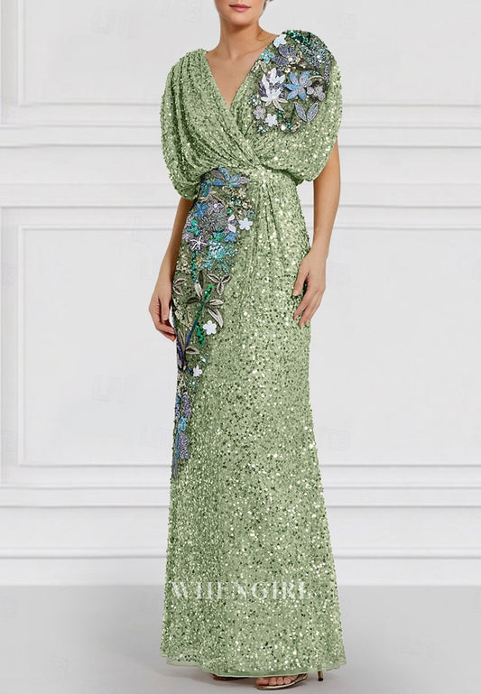 Sheath V Neck Short Sleeves Beaded Sequins Mother of the Bride Dress