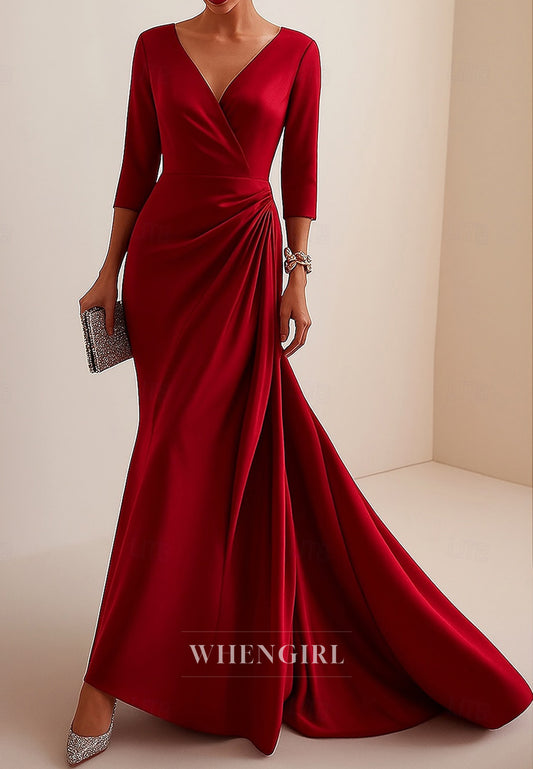 Mermaid V Neck 3/4 Sleeves Pleated Sweep Train Mother of the Bride Dress Evening Gown
