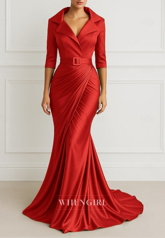 V Neck Mermaid Belt 3/4 Sleeves Sweep Train Mother of the Bride Dress