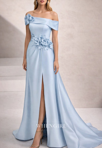 Trumpet Off Shoulder Slit Flowers Slit Satin Mother of the Bride Dress