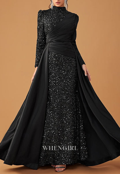 Sheath High Neck Long Sleeves Beaded Floor Length Mother of the Bride Dress