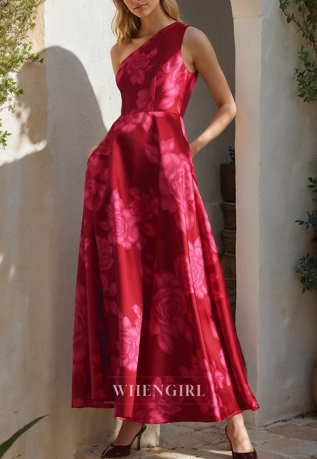 One Shoulder Sleeveless Floral Printed Mother of the Bride Dress