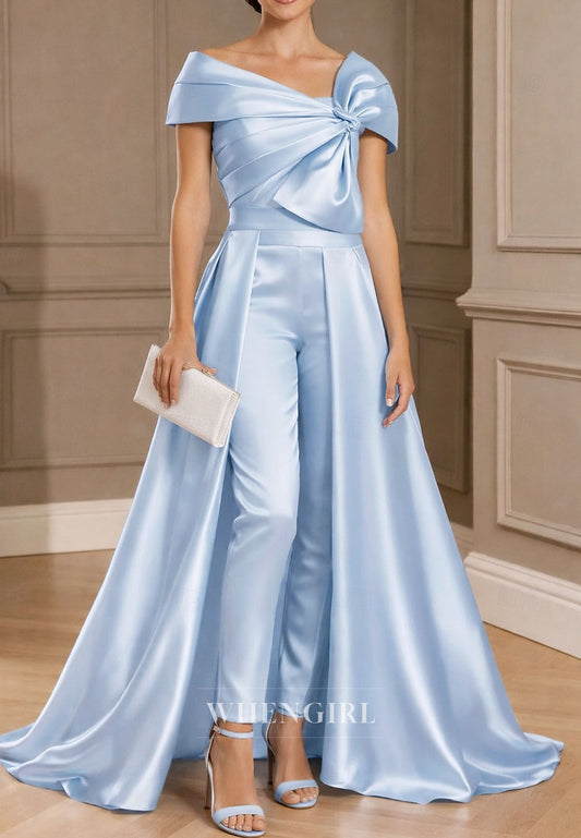 Jumpsuit V Neck Cap Sleves Ruched Formal Dress