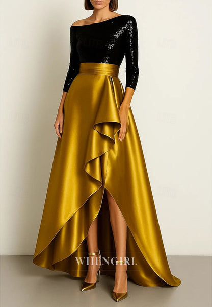 One Shoulder A-Line 3/4 Sleeves Ruffles Sequin Mother of the Bride Dress