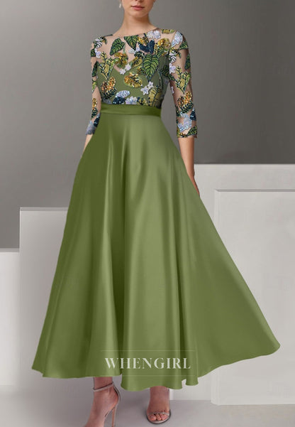 A-Line Sequin Embroidery 3/4 Sleeves Bateau Neck Mother of the Bride Dress