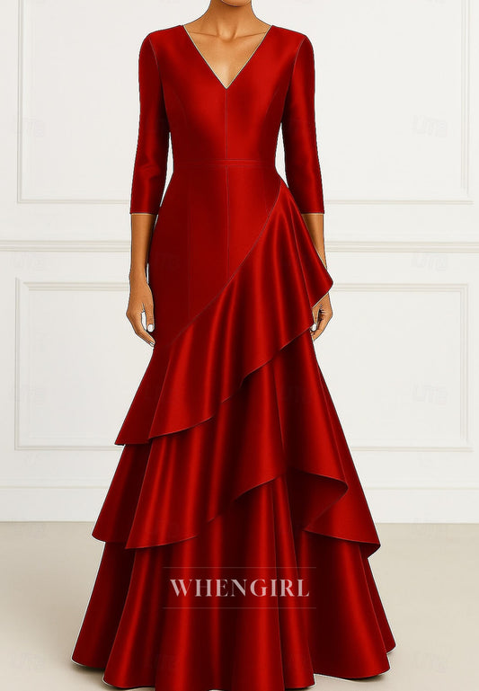 Mermaid V Neck 3/4 Sleeves Ruffles Mother of the Bride Dress