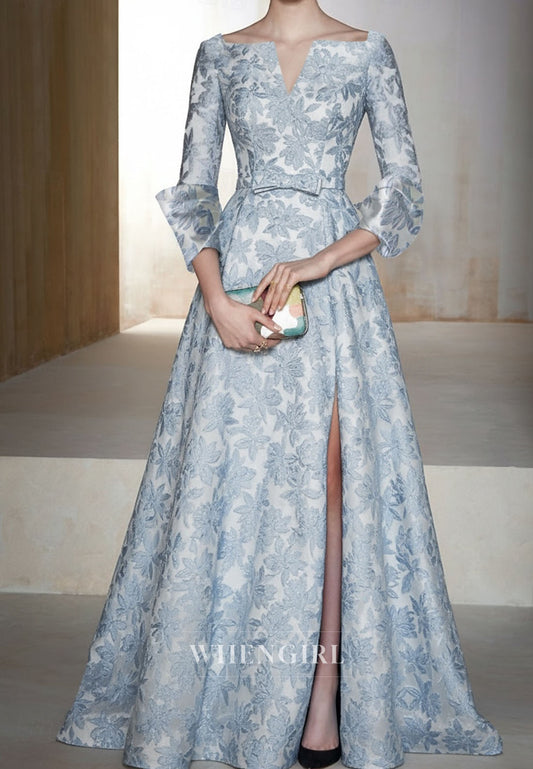 Blue A-Line 3/4 Sleeves Slit Floral Mother of the Bride Dress