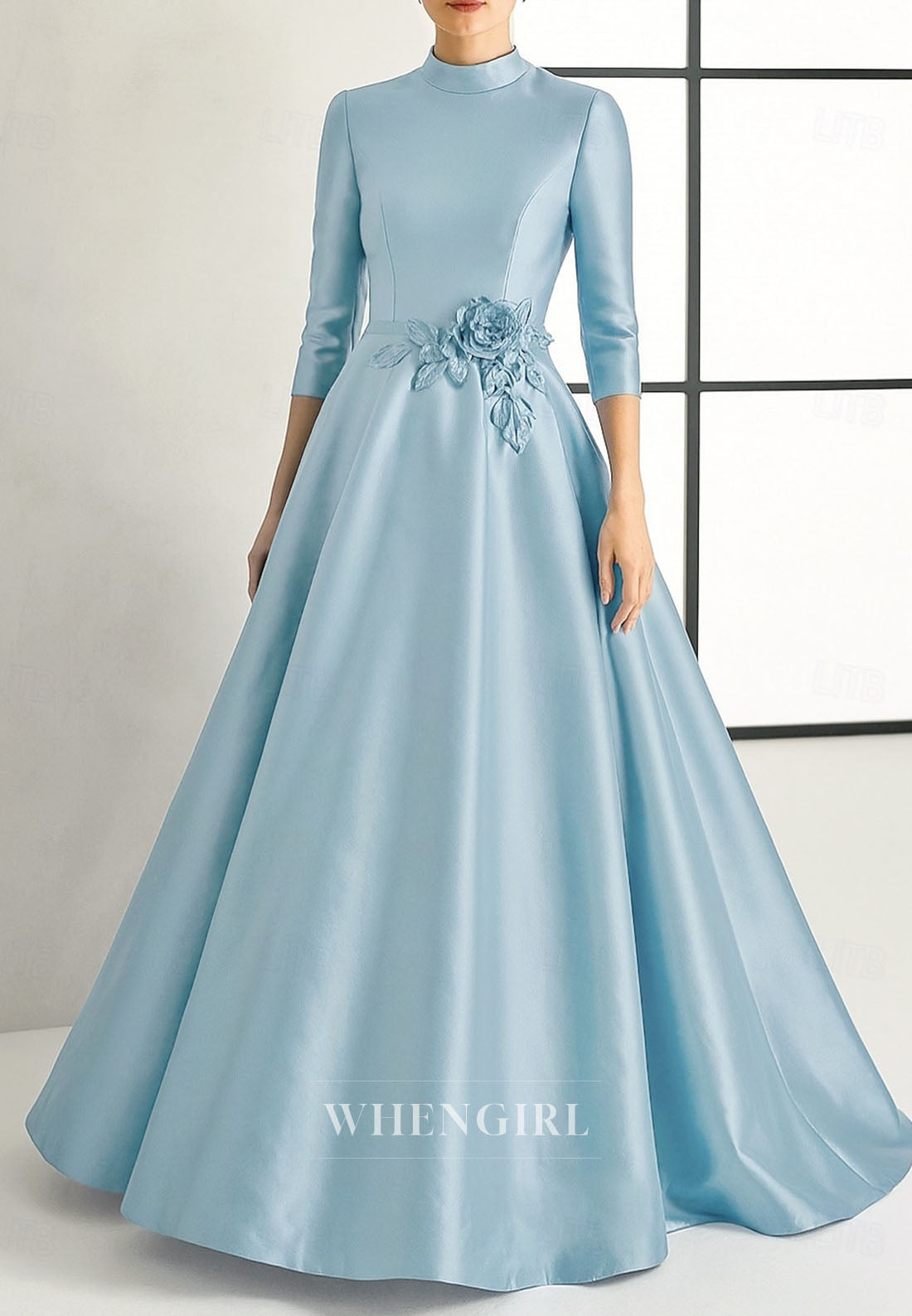 High Neck A-Line Satin Flower 3/4 Sleeves Mother of the Bride Dress