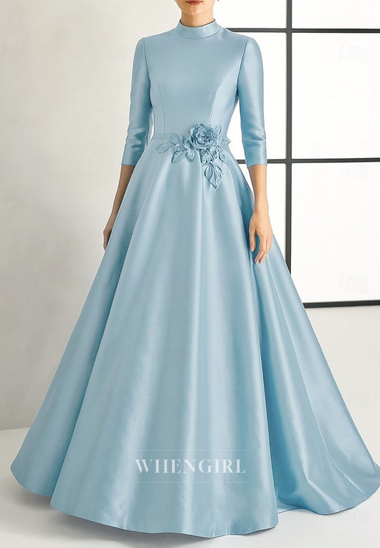 High Neck A-Line Satin Flower 3/4 Sleeves Mother of the Bride Dress