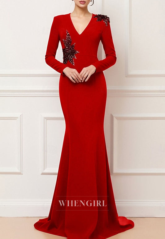 Red Mermaid Beaded Evening Dress Long Sleeve V Neck Mother of the Bride Dress