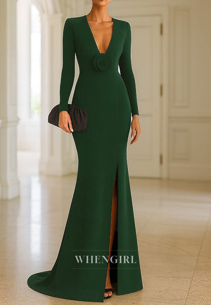 Mermaid Evening Gown Long Sleeve V Neck Mother of the Bride with Slit
