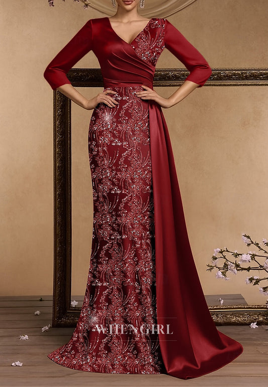 Long Sleeves Floral Sequin Embroidered Lace Mermaid Evening Gown Mother of the Bride  Dress