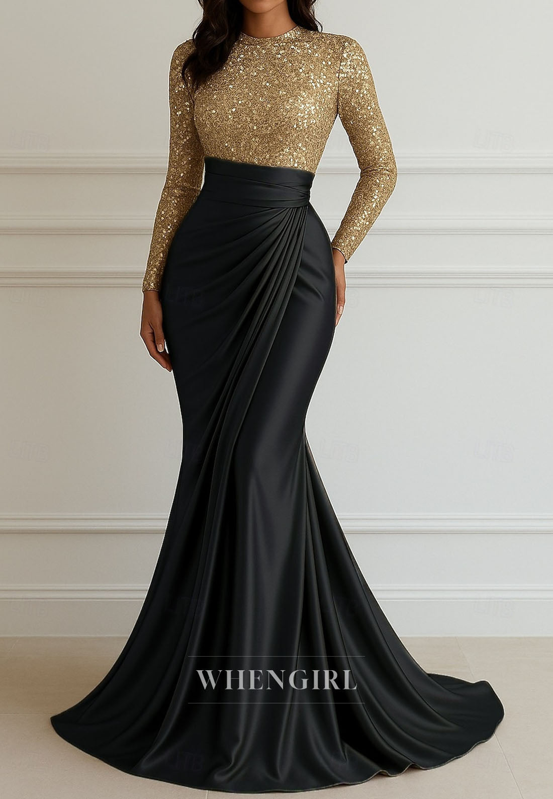 Mermaid Long Sleeves Sweep Train Bateau Neck Pleated Mother of the Bride Dress Evening Dress
