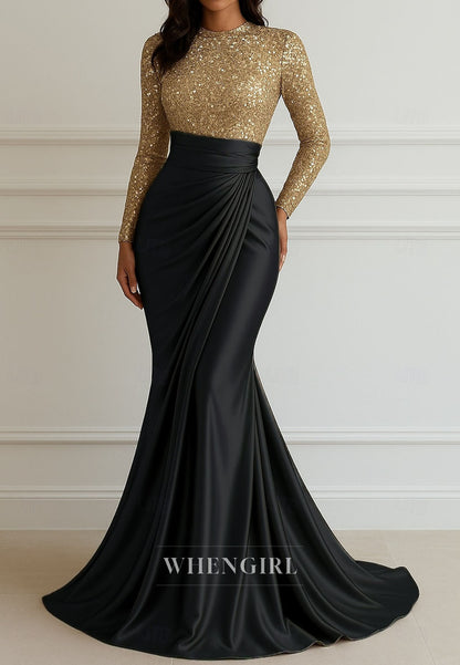 Mermaid Long Sleeves Sweep Train Bateau Neck Pleated Mother of the Bride Dress Evening Dress