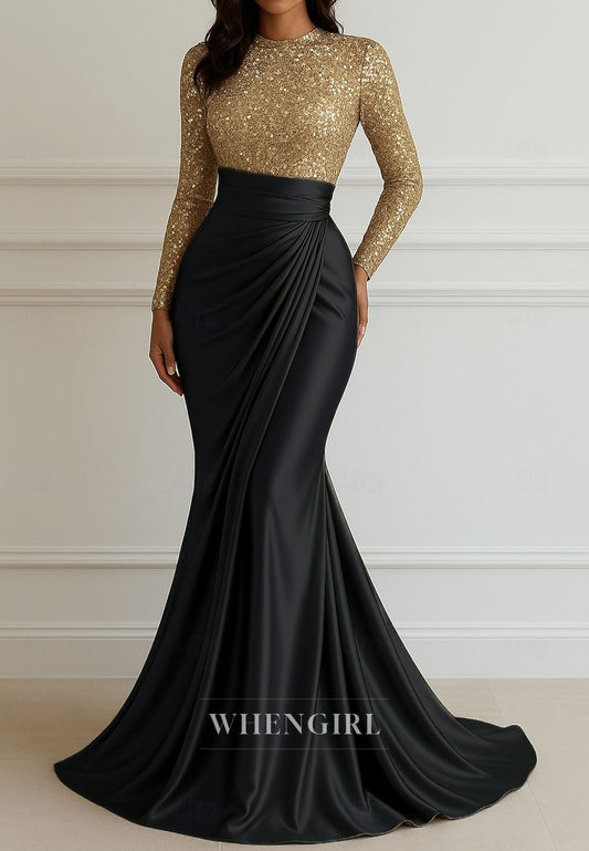 Mermaid Long Sleeves Sweep Train Bateau Neck Pleated Mother of the Bride Dress Evening Dress