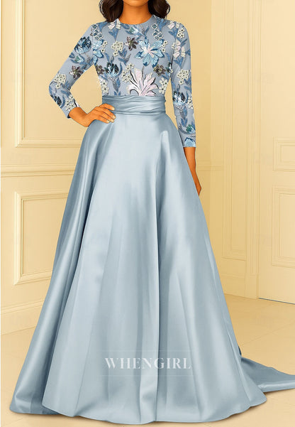 A-Line Bateau Neck Long Sleeves Embroidery Mother of the Bride Dress