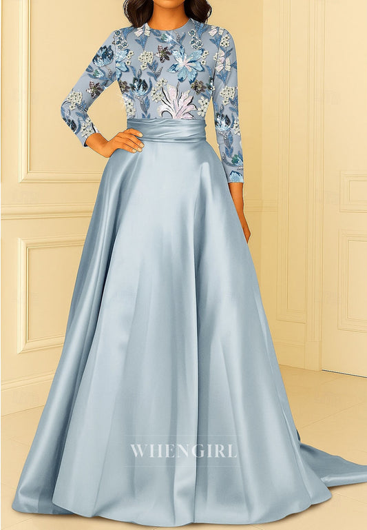 A-Line Bateau Neck Long Sleeves Embroidery Mother of the Bride Dress