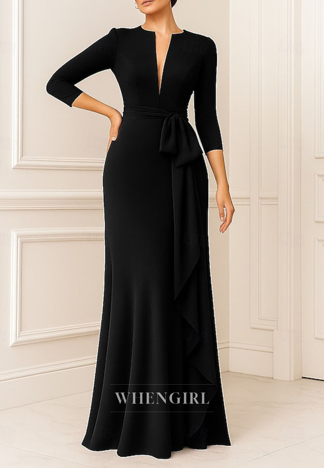 Trumpet V Neck 3/4 Sleeves Ruffles Floor Length Mother of the Bride Dress