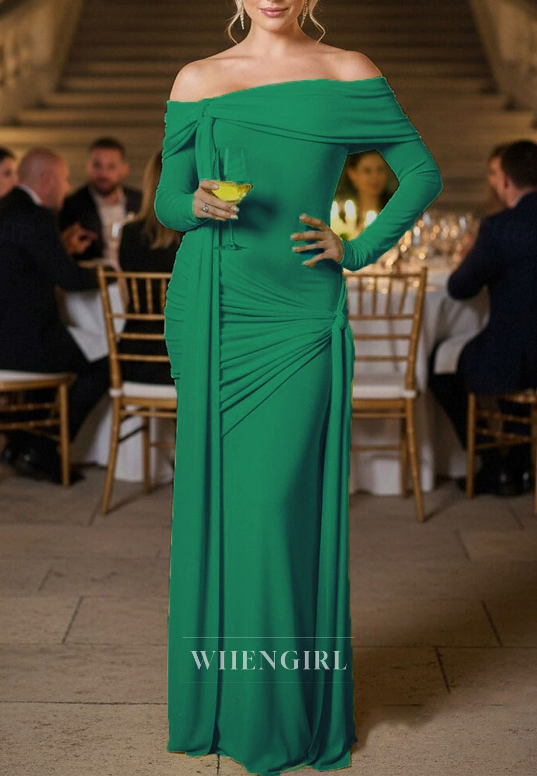 Green Off Shoulder Long Sleeves Ruched Mother of the Bride Dress