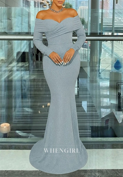 Mermaid Off Shoulder Pleated Long Sleeves Mother of the Bride Dress Evening Dress