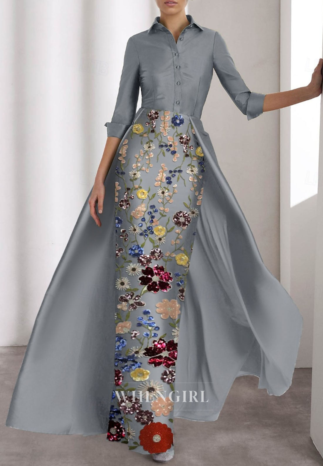 Sheath 3/4 Sleeves Floral Beaded Mother of the Bride Dress with Train