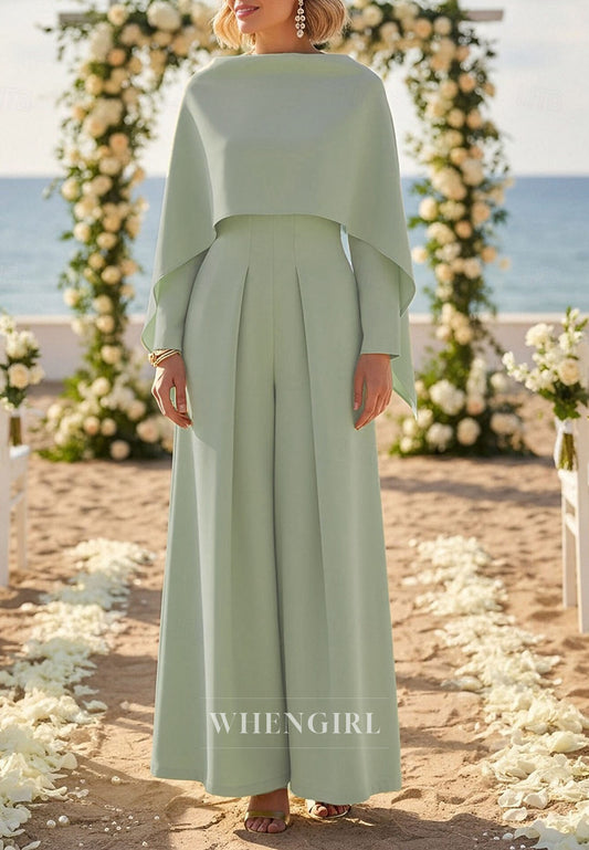 Sage Bateau Neck Long Sleeves Jumpsuit Mother of the Bride Dress