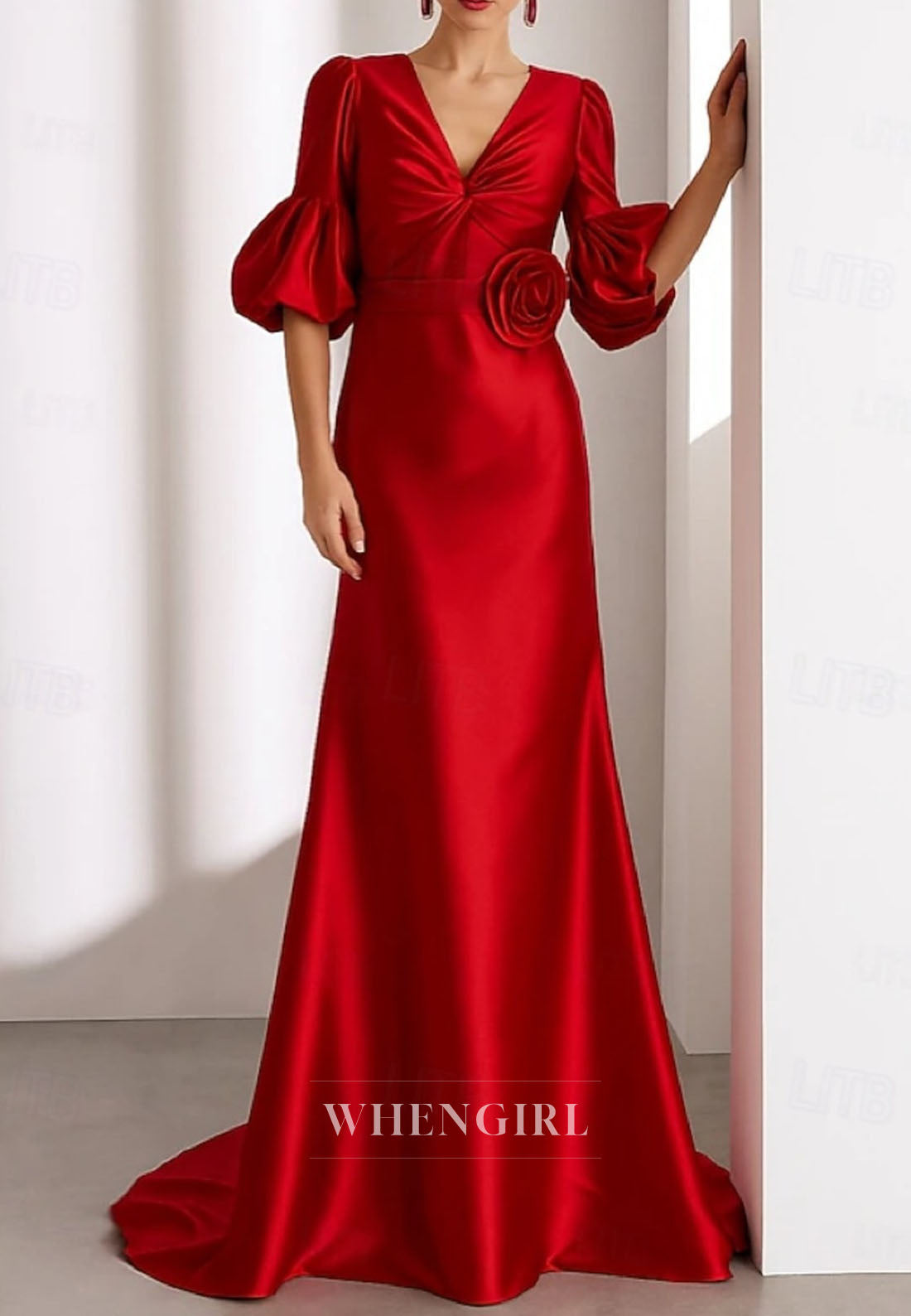 Trumpet V Neck Puff Sleeves Flower Satin Mother of the Bride Dress