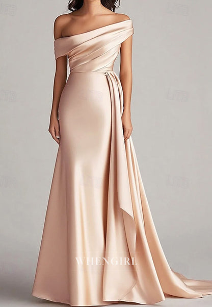 Off Shoulder Ruched Trumpet Satin Mother of the Bride Dress