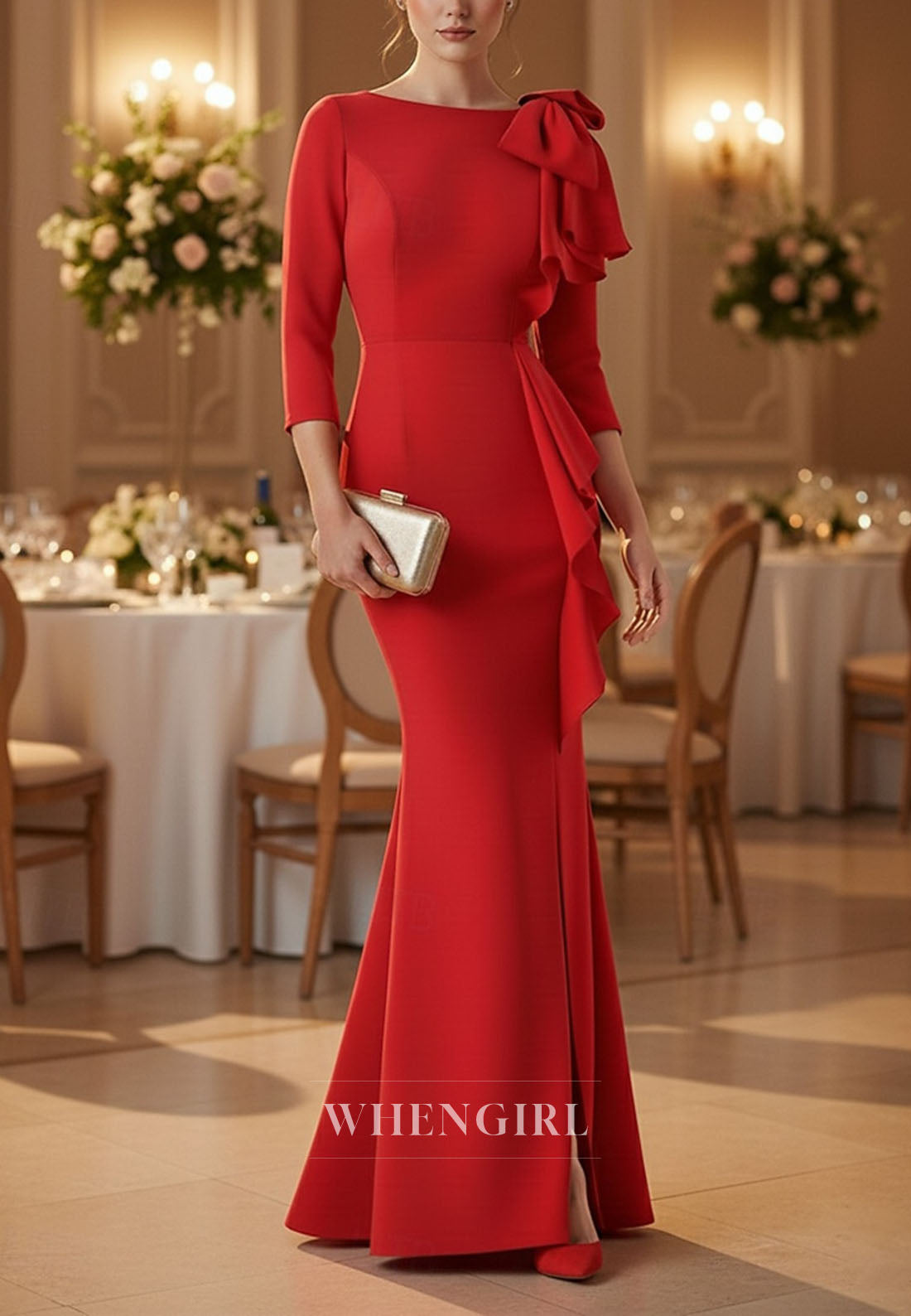 Trumpet Ruffles 3/4 Sleeves Bateau Neck Slit Mother of the Bride Dress