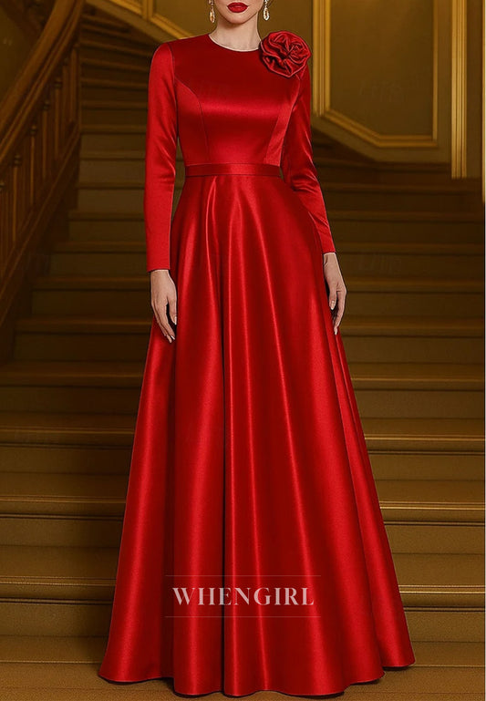 Satin A-Line Long Sleeves Flower Floor Length Mother of the Bride Dress