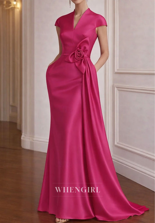 V Neck Cap Sleeves Flowers Trumpet Mother of the Bride Dress