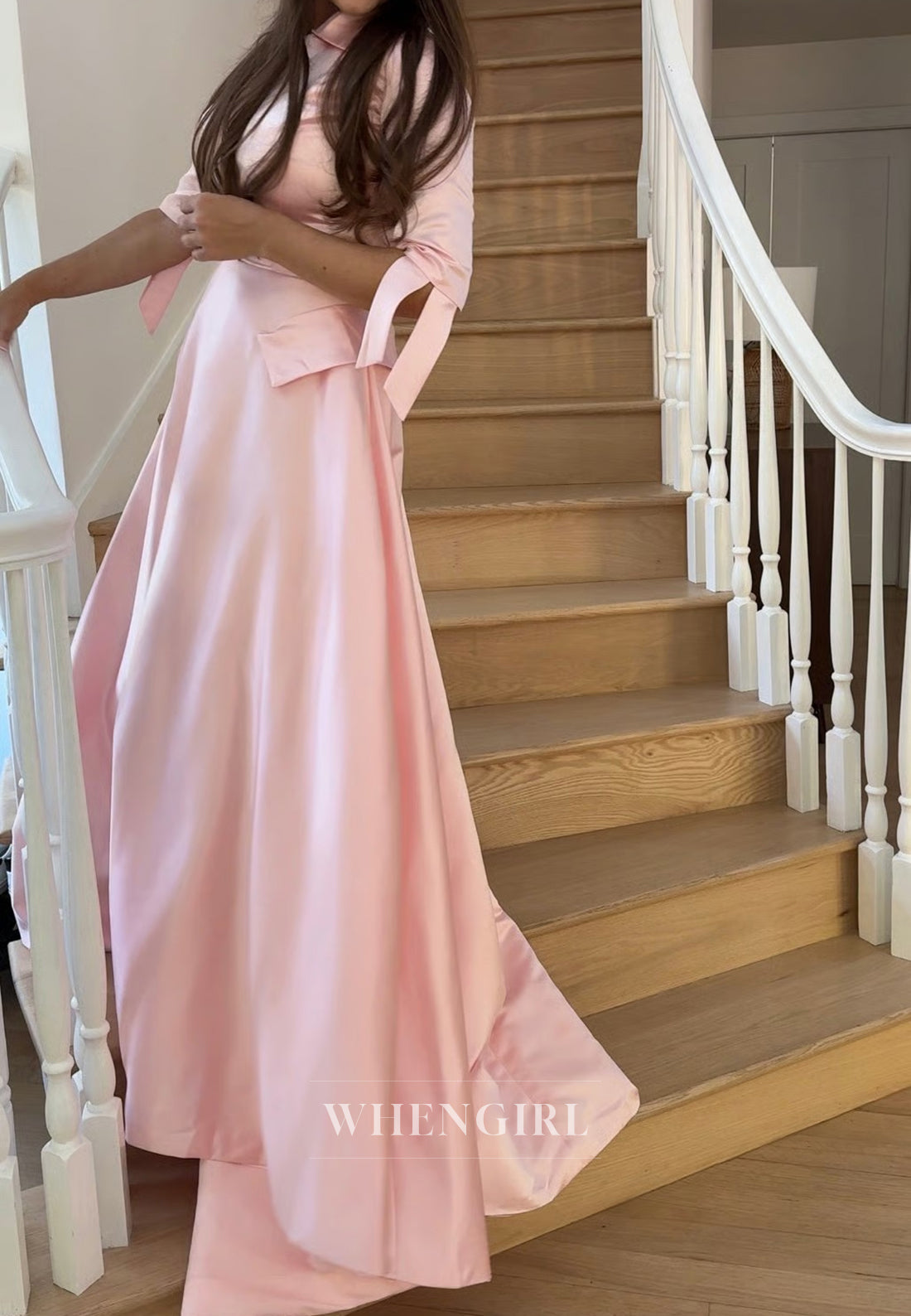 Blush V Neck A-Line Sweep Train Satin Half Sleeves Mother of the Bride Dress
