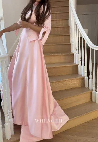 Blush V Neck A-Line Sweep Train Satin Half Sleeves Mother of the Bride Dress