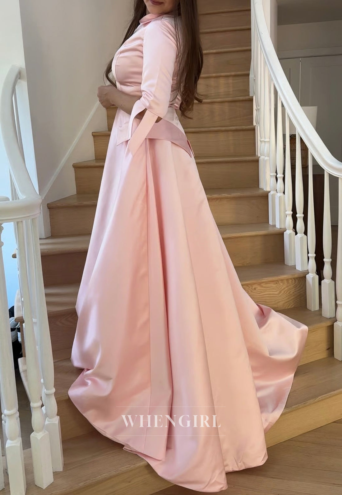 Blush V Neck A-Line Sweep Train Satin Half Sleeves Mother of the Bride Dress