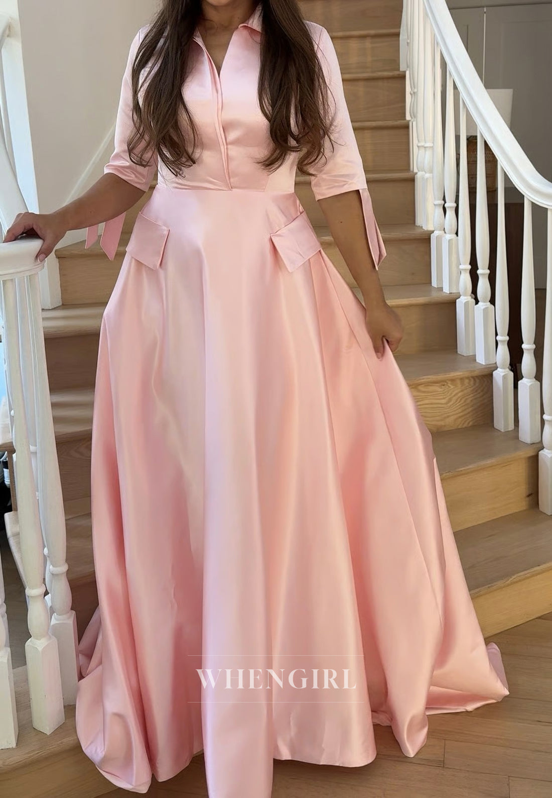 Blush V Neck A-Line Sweep Train Satin Half Sleeves Mother of the Bride Dress