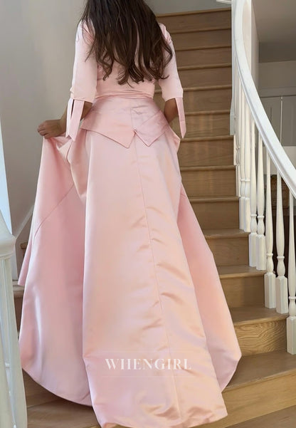 Blush V Neck A-Line Sweep Train Satin Half Sleeves Mother of the Bride Dress