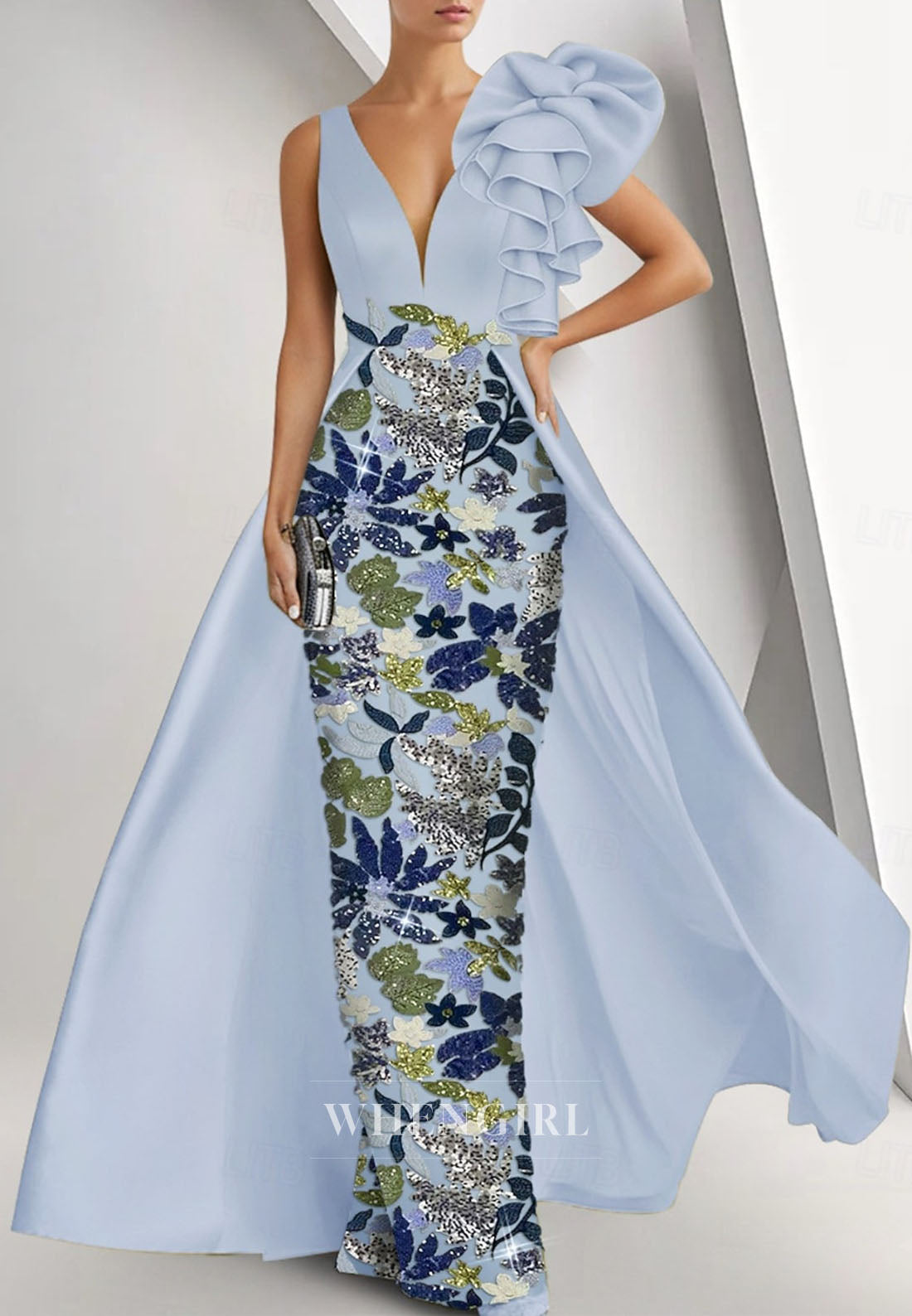 Sheath V Neck Sleeveless Mother of the Bride Dress with Overskirt