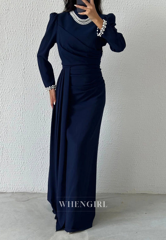 Sheath Floor Length Beaded High Neck Long Sleeves Evening Formal Gown