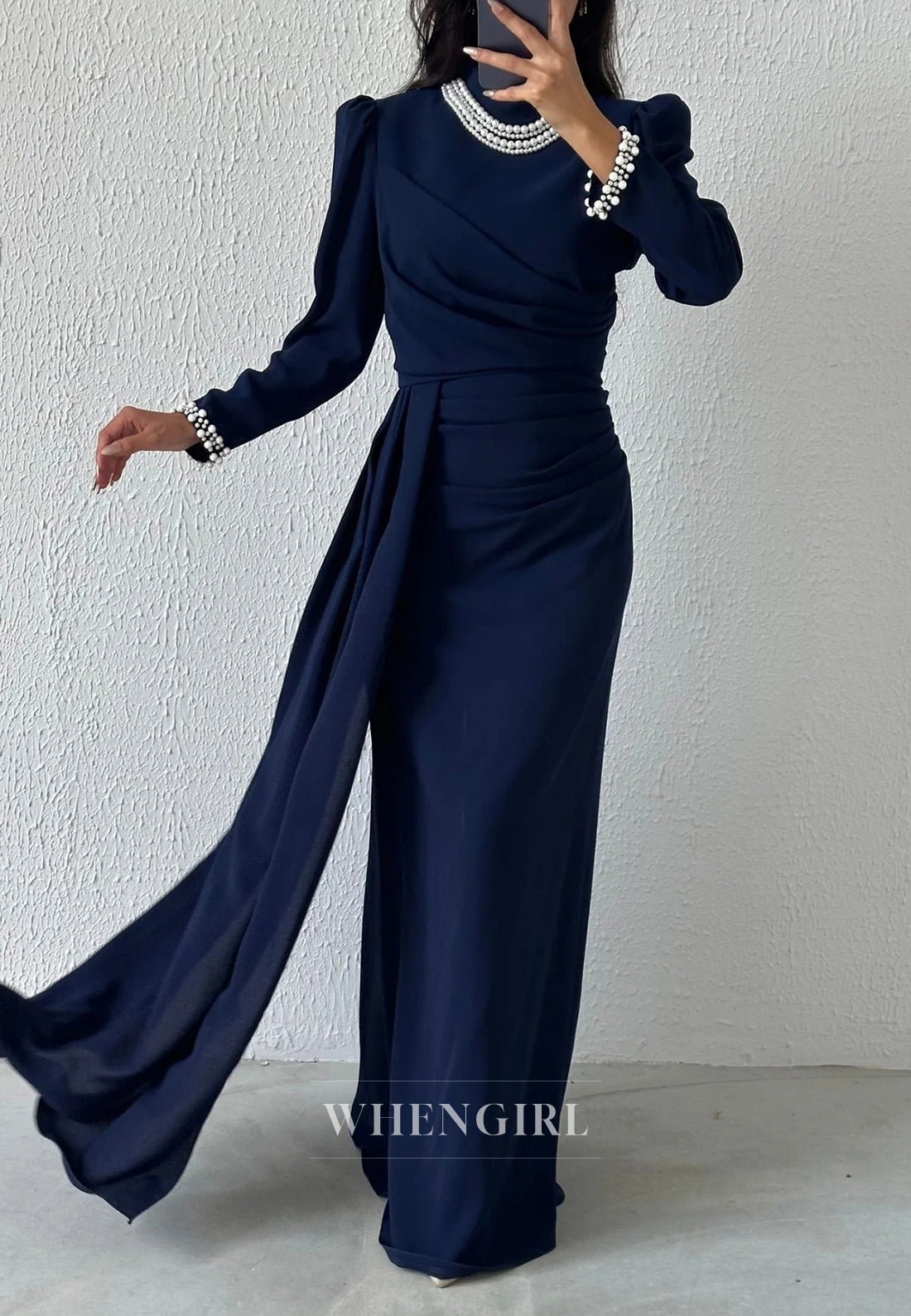 Sheath Floor Length Beaded High Neck Long Sleeves Evening Formal Gown
