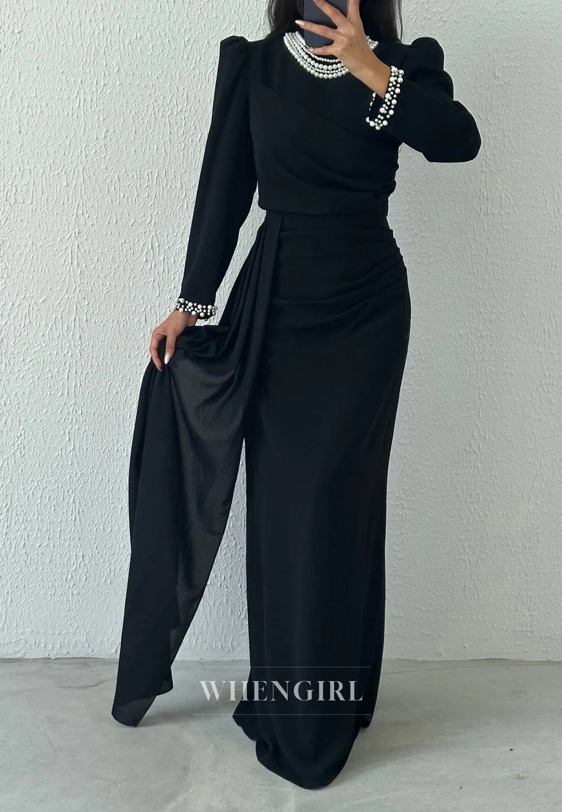 Sheath Floor Length Beaded High Neck Long Sleeves Evening Formal Gown