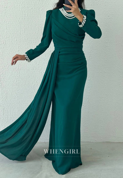 Sheath Floor Length Beaded High Neck Long Sleeves Evening Formal Gown