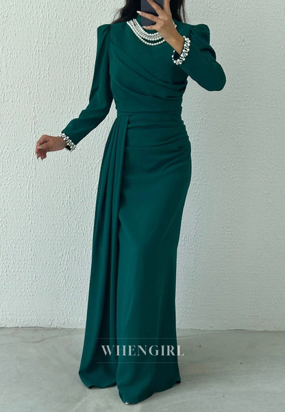 Sheath Floor Length Beaded High Neck Long Sleeves Evening Formal Gown