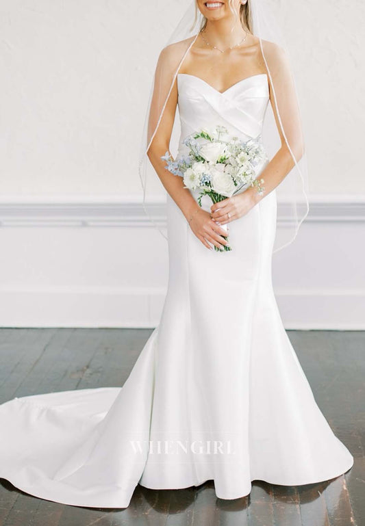 Simple V Neck Sleeveless Mermaid Wedding Dress with Court Train