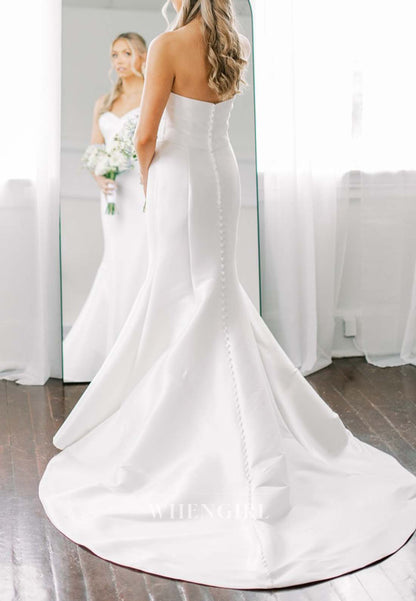 Simple V Neck Sleeveless Mermaid Wedding Dress with Court Train