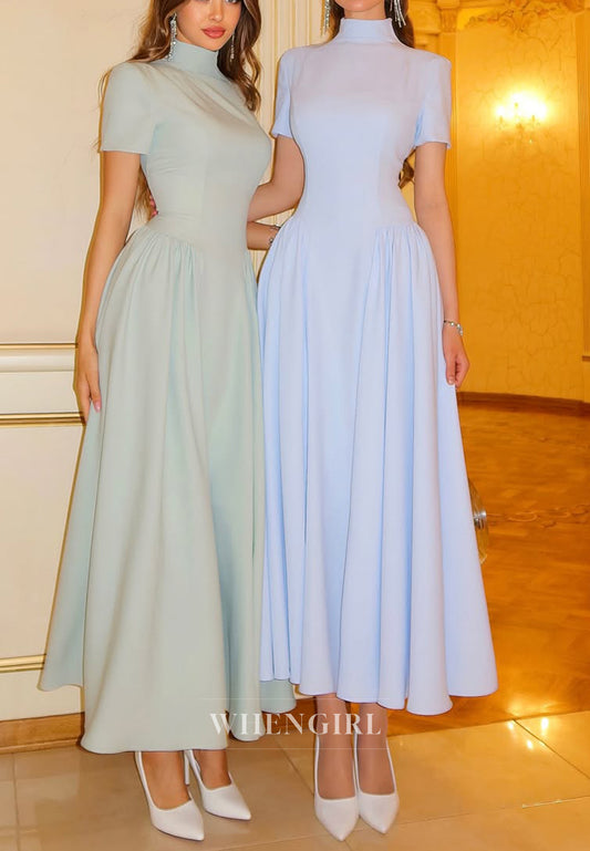 High Neck Ankle Length A-Line Short Sleeves Formal Evening Dress